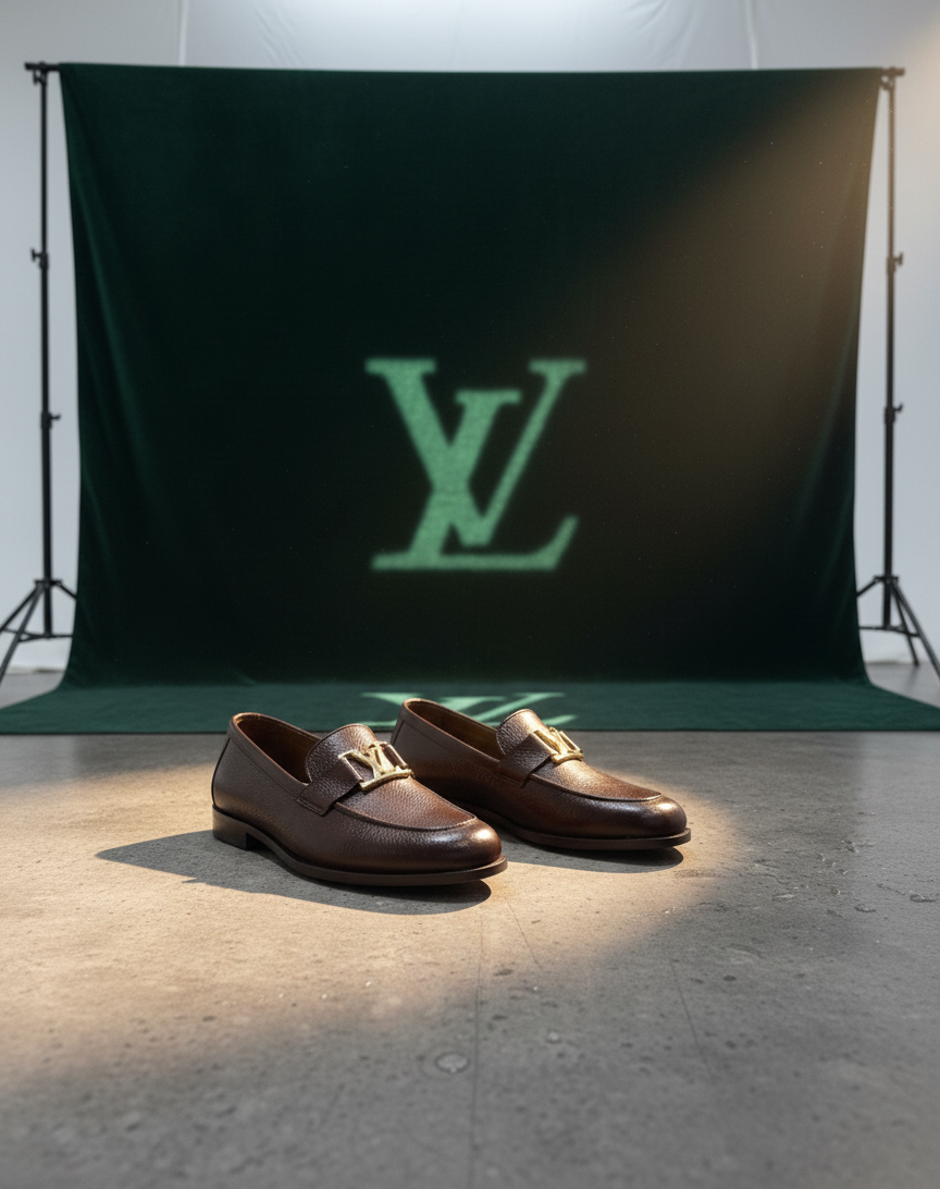 Brown loafers on a concrete floor with a green backdrop featuring a logo.