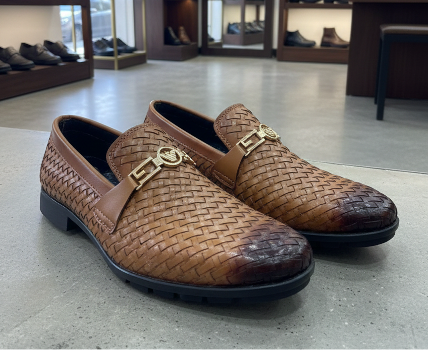 Brown woven shoes with gold accents on a gray floor, with shoe shelves in the background.
