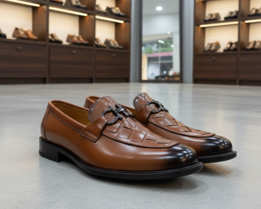 Pair of brown loafers on a gray floor with shoe shelves in the background
