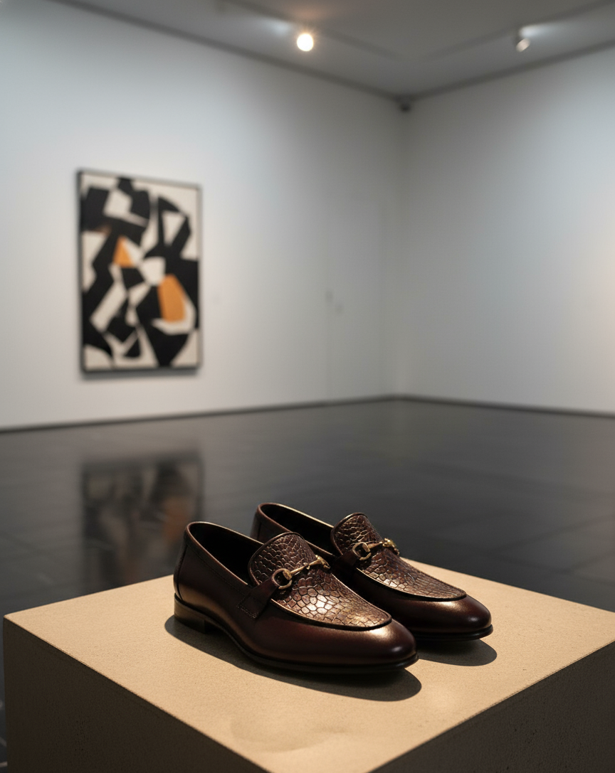 Pair of brown leather shoes on a platform in an art gallery setting with abstract painting.