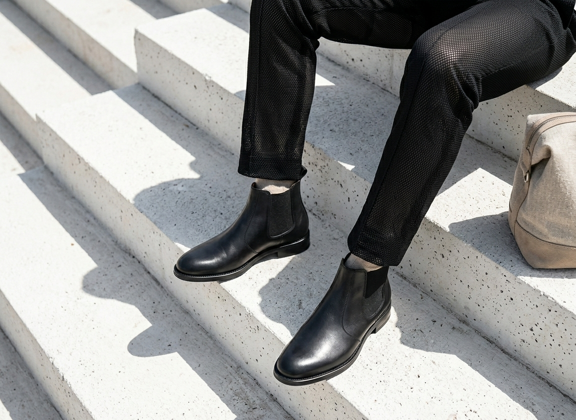 Person wearing black leather boots sitting on concrete steps.