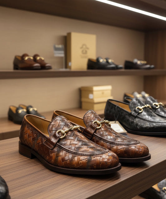 Brown woven loafers on a wooden shelf with other shoes and boxes in the background.