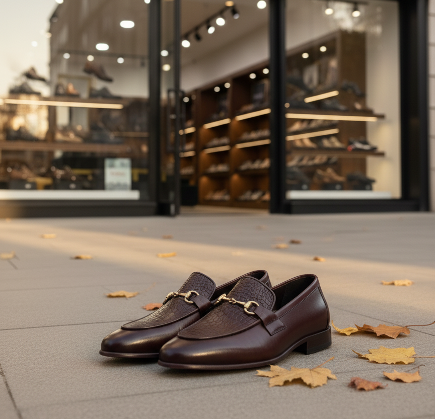 Pair of brown loafers on a sidewalk with a store window in the background