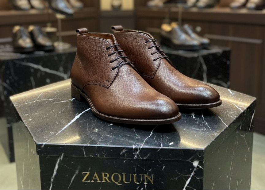 Brown leather shoes on a black marble stand with 'ZARQUIN' branding in a shoe store setting.