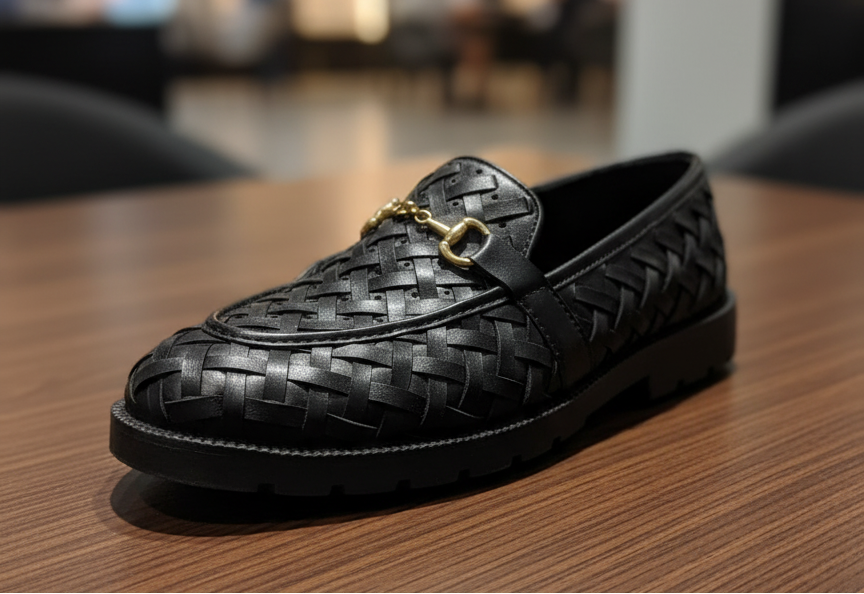 Black pacific loafer with gold buckle on a wooden surface