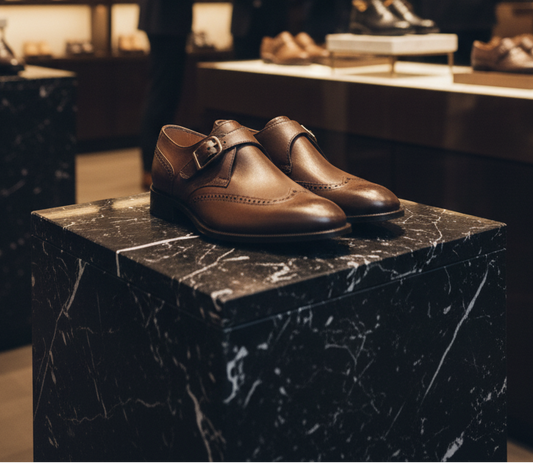 Brown dress shoes on a marble pedestal in a high-end shoe store with shelves of shoes in the background.