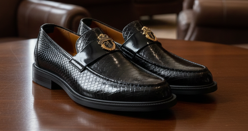 Black dress shoes with gold buckles on a wooden table in a luxurious room with bookshelves.