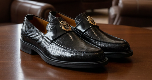 Black dress shoes with gold buckles on a wooden table in a luxurious room with bookshelves.