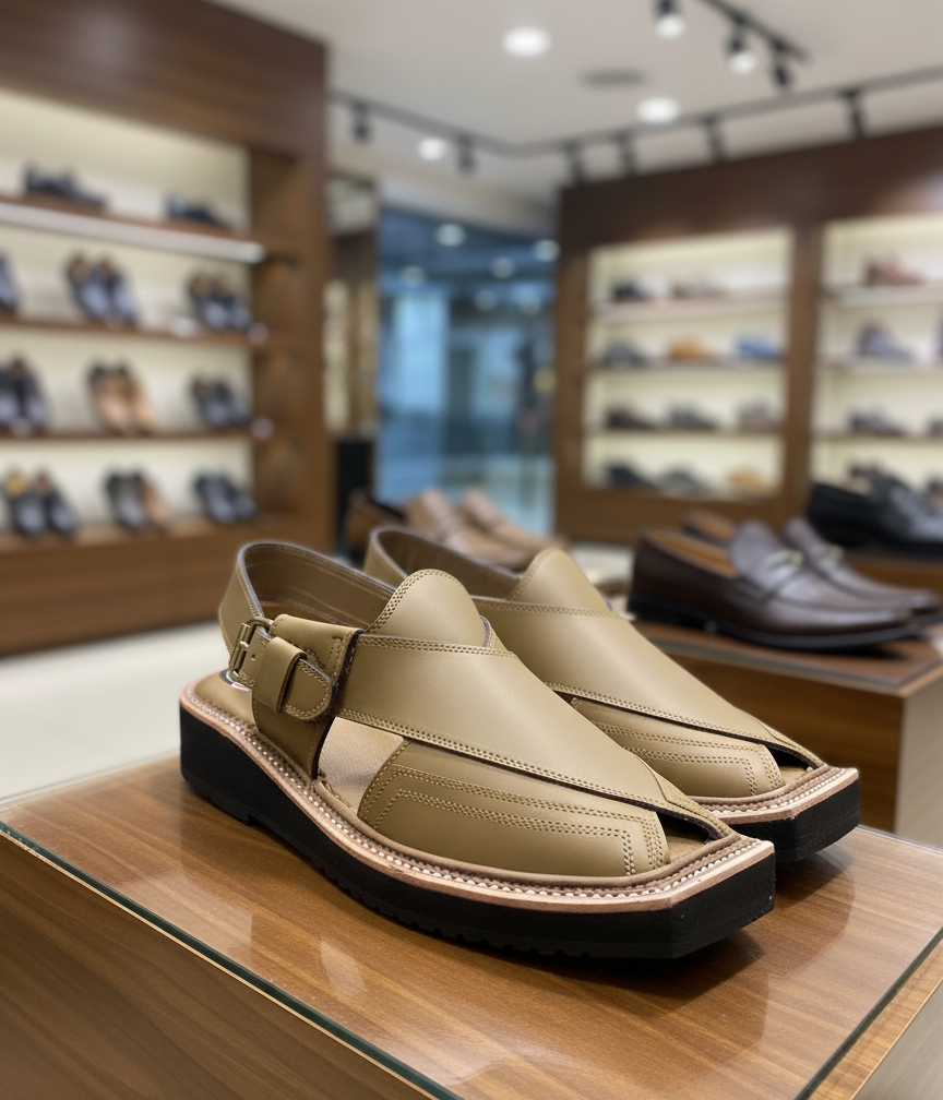Beige sandals on display in a shoe store with shelves in the background