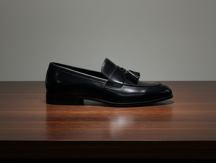 Black loafer shoe on a wooden surface with a gray background