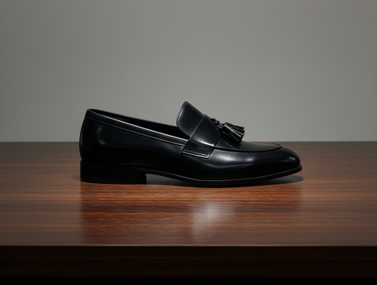 Black loafer shoe on a wooden surface with a gray background