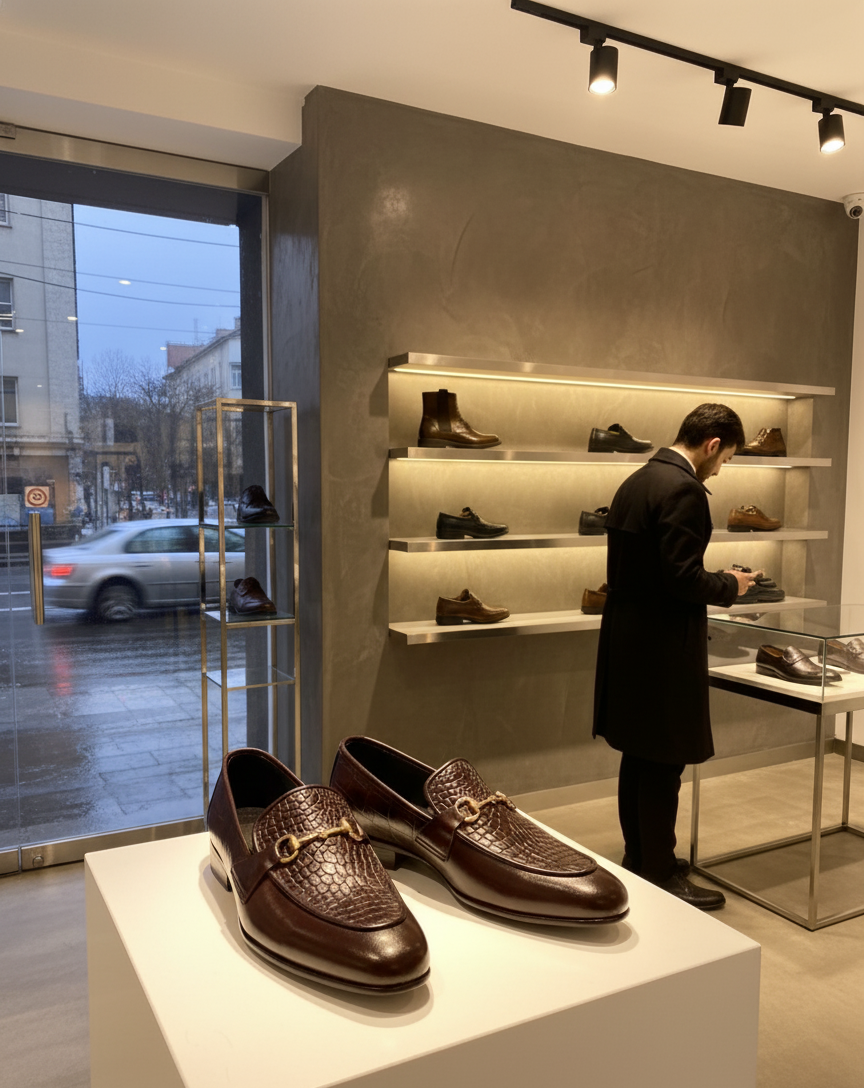 Shoe display with brown loafers on a stand in a store setting.