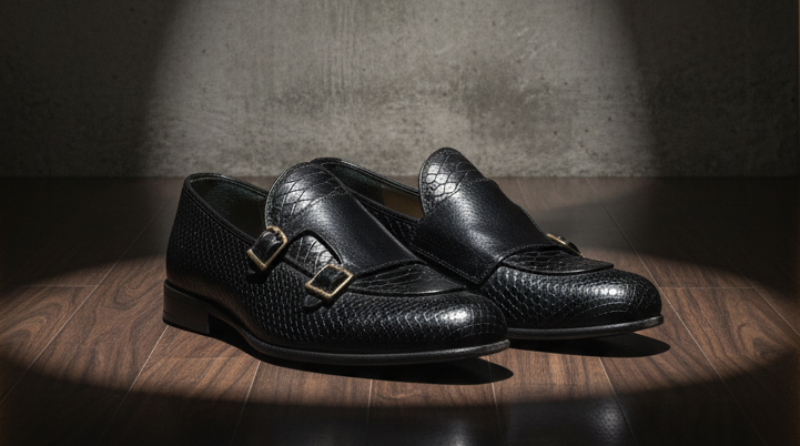 Black monk strap shoes on a wooden surface with a spotlight effect, text 'The Monk Strap' above.