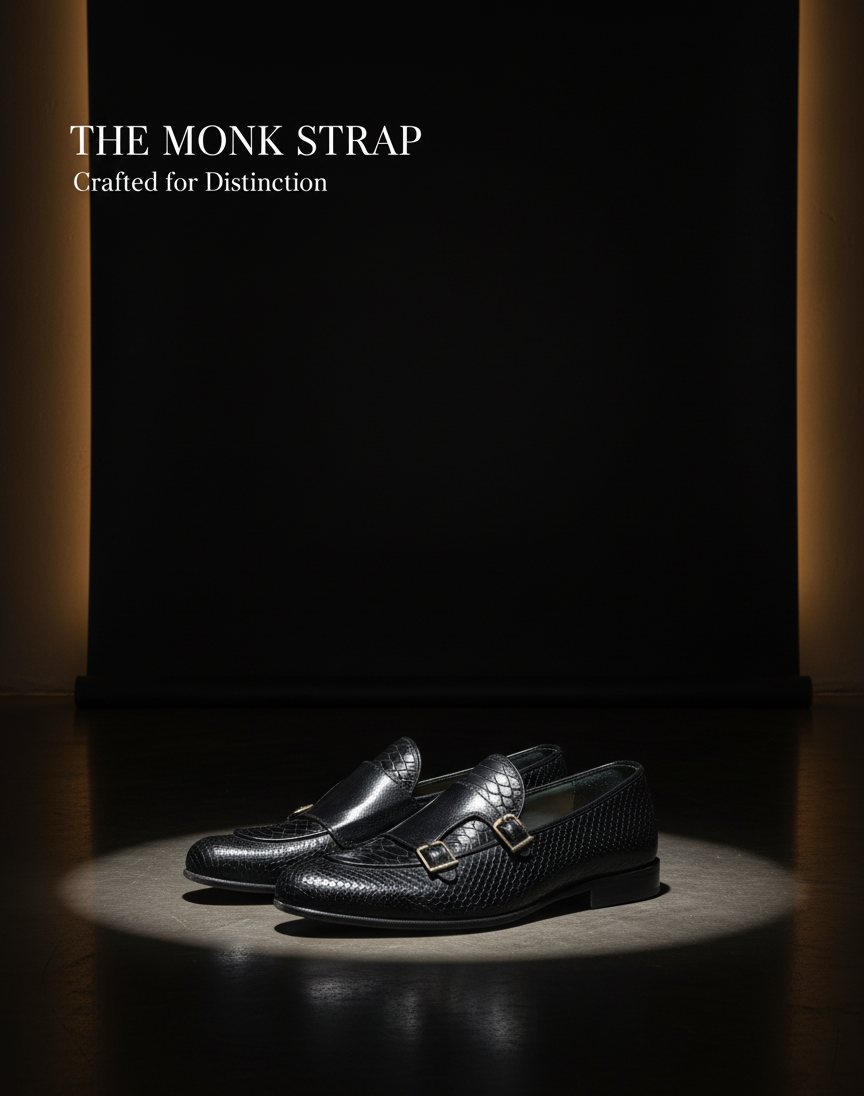 Black monk strap shoes on a dark background with 'The Monk Strap' text.