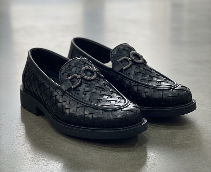 Pair of black woven loafers on a reflective floor with a blurred background