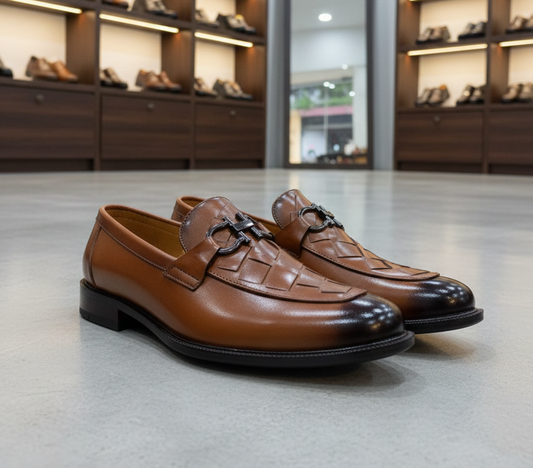 Pair of brown loafers on a gray floor with shoe shelves in the background
