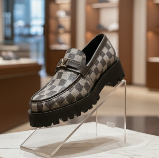 Checkered loafer on a display stand in a store setting
