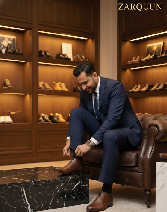 Man in a suit sitting on a leather chair in a shoe store with 'Zarquun' branding.
