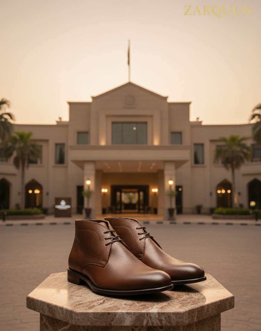 Brown leather shoes on a pedestal in front of a large building with 'ZARQUEEN' branding.