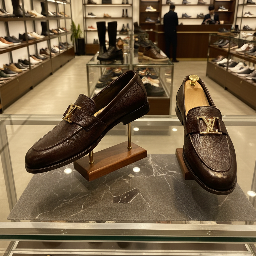 Brown loafers with gold accents on display in a high-end shoe store.