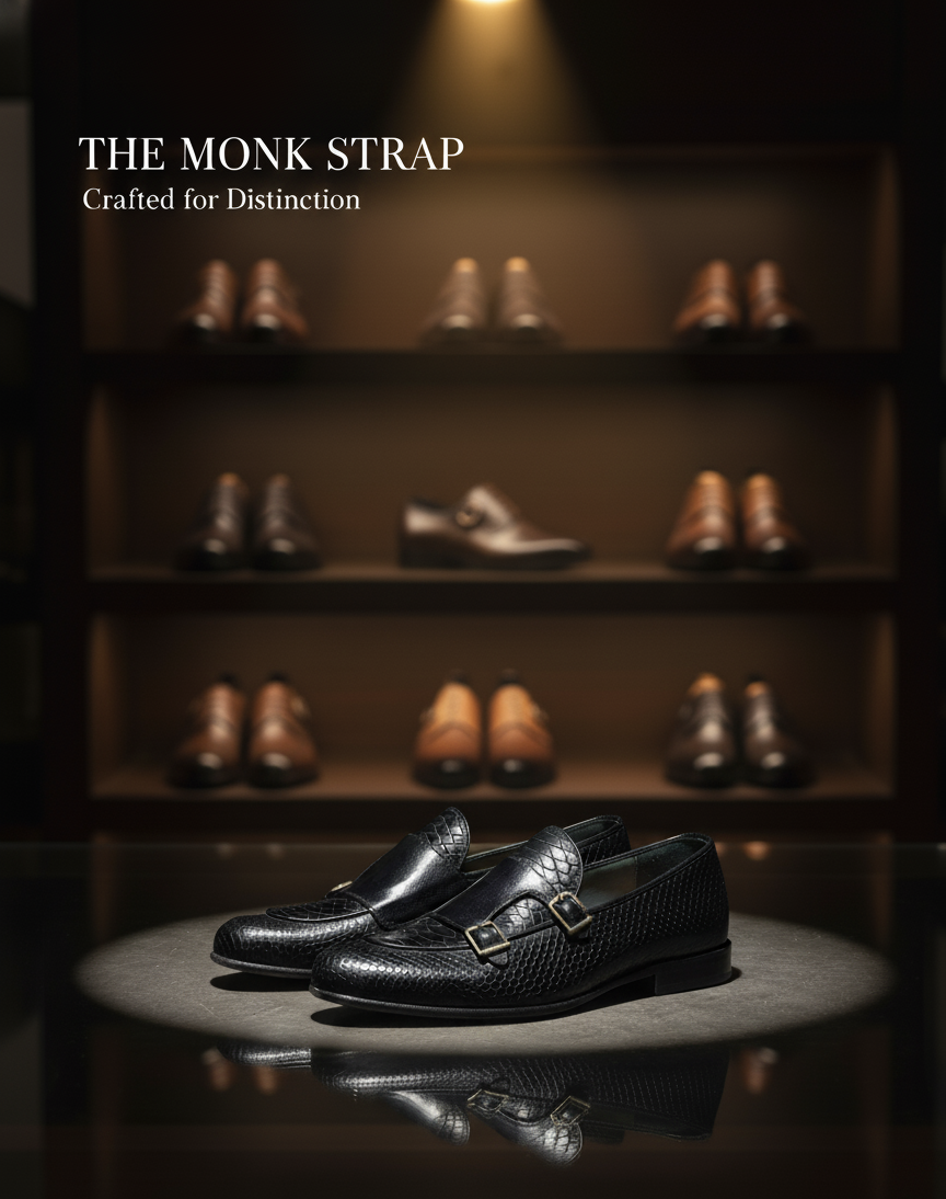 Black monk strap shoes on a reflective surface with a blurred background of shelves displaying more shoes.