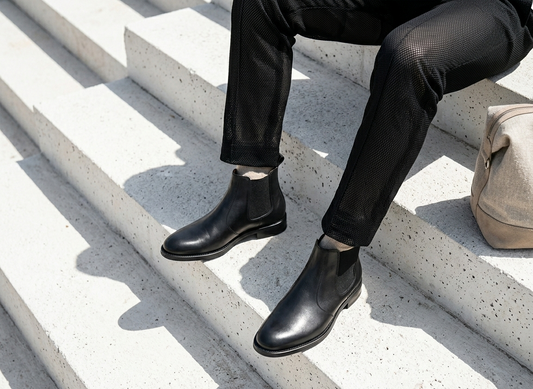 Person wearing black leather boots sitting on concrete steps.