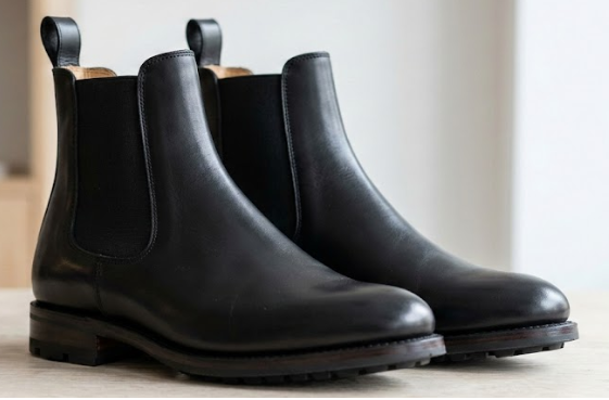 Pair of black rain boots on a light wooden floor with a neutral background