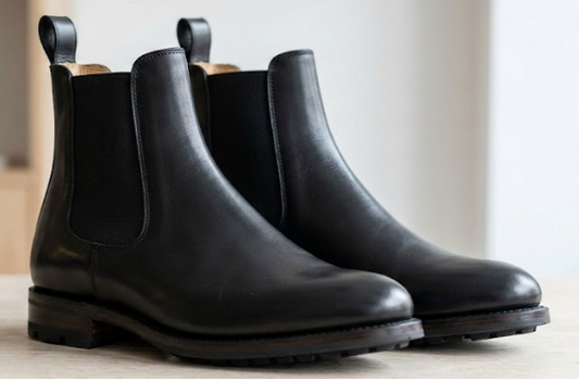 Pair of black rain boots on a light wooden floor with a neutral background