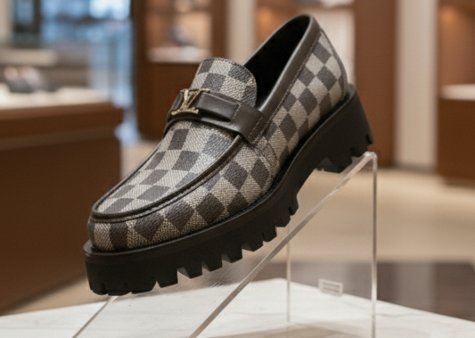 Checkered loafer on a display stand in a store setting