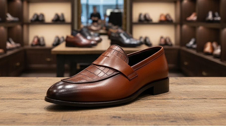 Brown leather loafer on a wooden surface with shoe shelves in the background