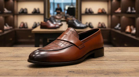 Brown leather loafer on a wooden surface with shoe shelves in the background
